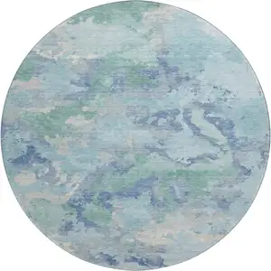 Photo of 8' X 8' Pale Aqua Ivory And Gray Abstract Washable Round Rug With UV Protection