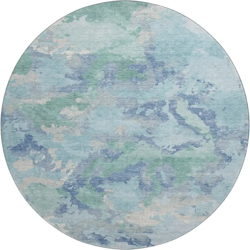 8' X 8' Pale Aqua Ivory And Gray Abstract Washable Round Rug With UV Protection Photo 1