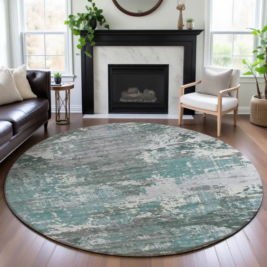 8' X 8' Pale Aqua Ivory And Gray Abstract Washable Round Rug With UV Protection Photo 3