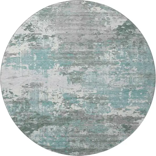 8' X 8' Pale Aqua Ivory And Gray Abstract Washable Round Rug With UV Protection Photo 2
