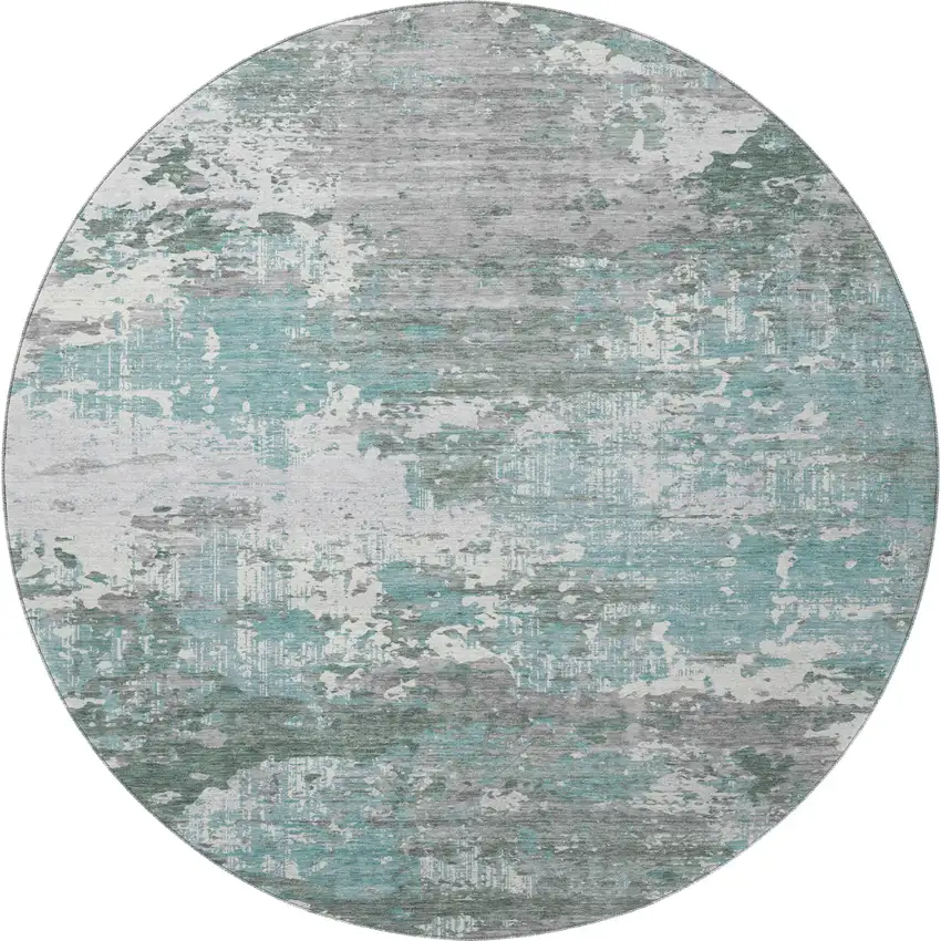 8' X 8' Pale Aqua Ivory And Gray Abstract Washable Round Rug With UV Protection Photo 2