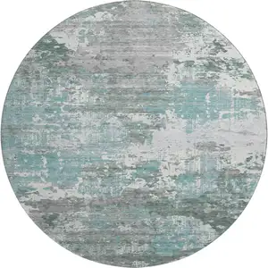 Photo of 8' X 8' Pale Aqua Ivory And Gray Abstract Washable Round Rug With UV Protection