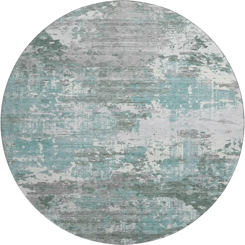 8' X 8' Pale Aqua Ivory And Gray Abstract Washable Round Rug With UV Protection Photo 1