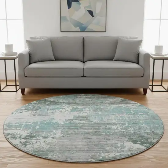 8' X 8' Pale Aqua Ivory And Gray Abstract Washable Round Rug With UV Protection Photo 2