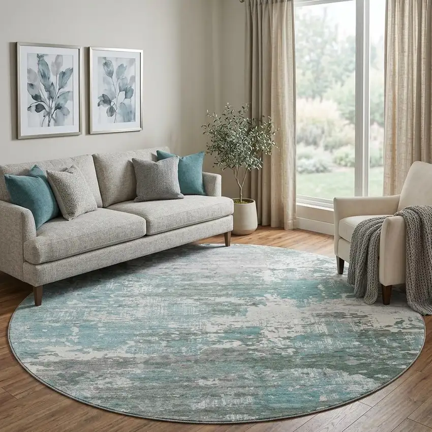 8' X 8' Pale Aqua Ivory And Gray Abstract Washable Round Rug With UV Protection Photo 1