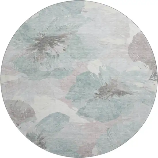 8' X 8' Pale Aqua Ivory And Gray Floral Washable Round Rug With UV Protection Photo 1