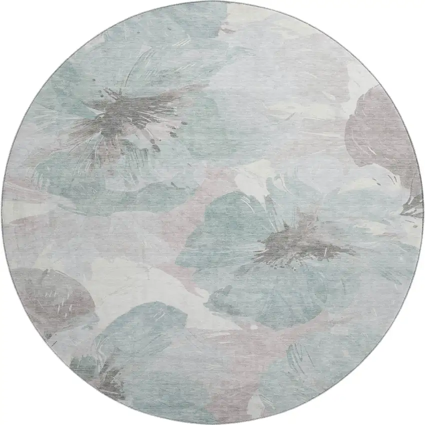 8' X 8' Pale Aqua Ivory And Gray Floral Washable Round Rug With UV Protection Photo 1