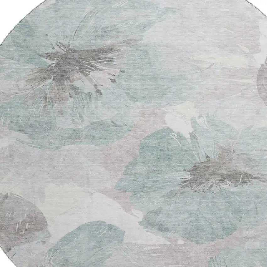 8' X 8' Pale Aqua Ivory And Gray Floral Washable Round Rug With UV Protection Photo 2