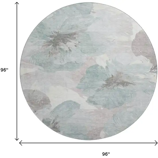 8' X 8' Pale Aqua Ivory And Gray Floral Washable Round Rug With UV Protection Photo 9