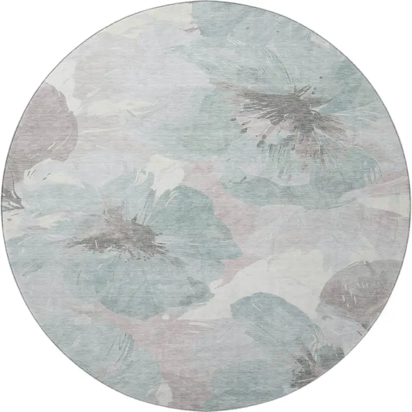8' X 8' Pale Aqua Ivory And Gray Floral Washable Round Rug With UV Protection Photo 3