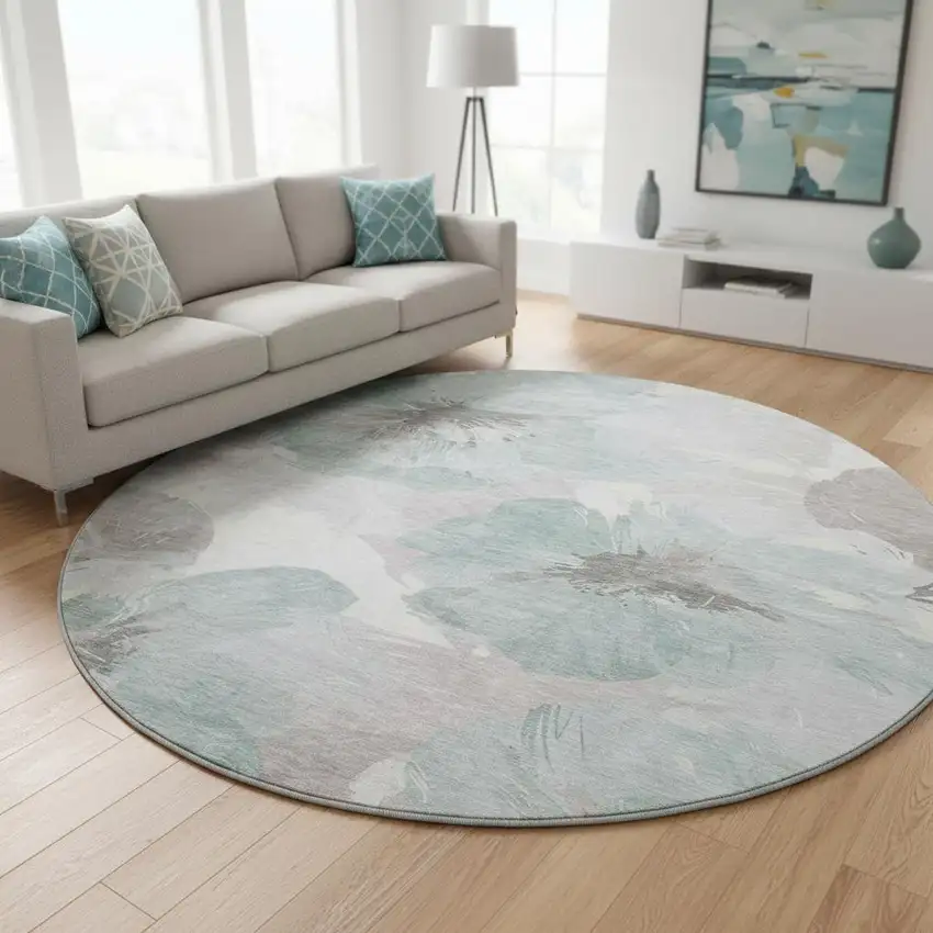 8' X 8' Pale Aqua Ivory And Gray Floral Washable Round Rug With UV Protection Photo 2