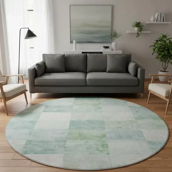 8' X 8' Pale Aqua Mint Green And Ivory Geometric Washable Round Rug With UV Protection Photo 2
