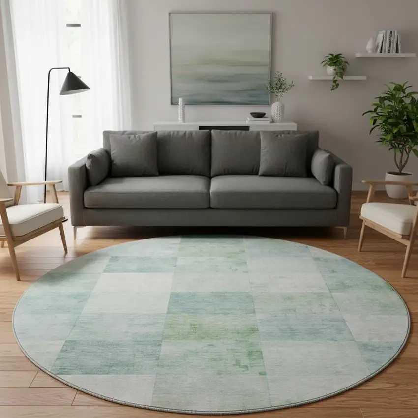 8' X 8' Pale Aqua Mint Green And Ivory Geometric Washable Round Rug With UV Protection Photo 2