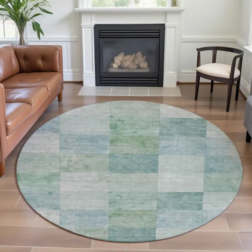 8' X 8' Pale Aqua Mint Green And Ivory Geometric Washable Round Rug With UV Protection Photo 4
