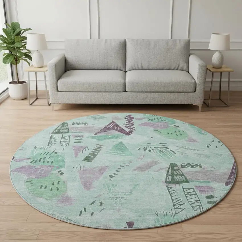 8' X 8' Pale Aqua Teal And Green Geometric Washable Round Rug With UV Protection Photo 2