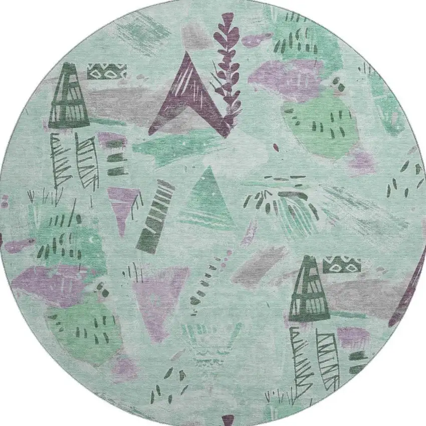 8' X 8' Pale Aqua Teal And Green Geometric Washable Round Rug With UV Protection Photo 3
