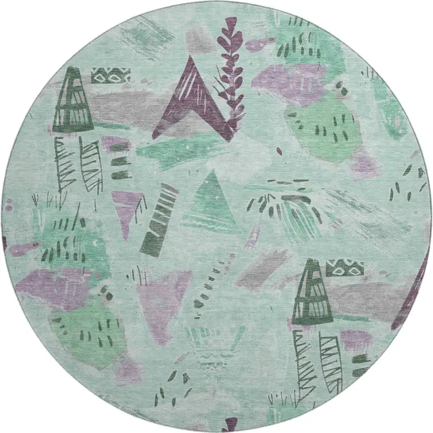 8' X 8' Pale Aqua Teal And Green Geometric Washable Round Rug With UV Protection Photo 1