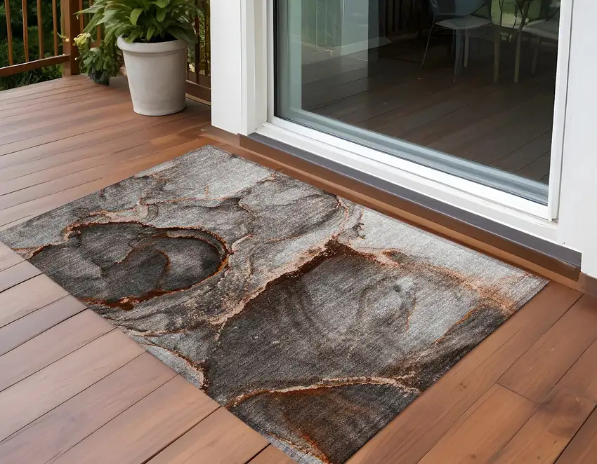 3' X 5' Peach Abstract Washable Non Skid Indoor Outdoor Area Rug Photo 1