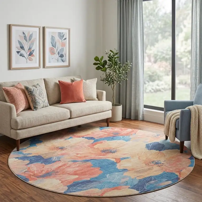 8' X 8' Peach And Blue Floral Washable Round Rug With UV Protection Photo 1