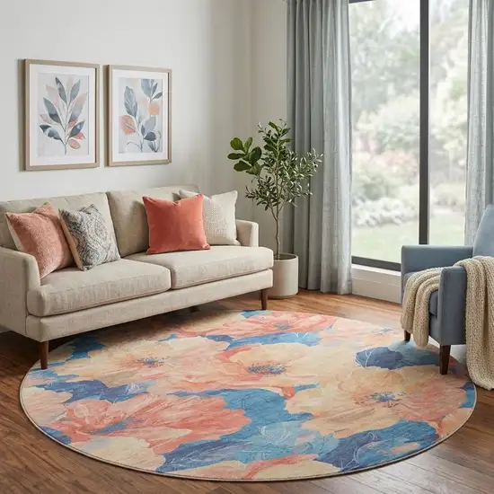 8' X 8' Peach And Blue Floral Washable Round Rug With UV Protection Photo 1