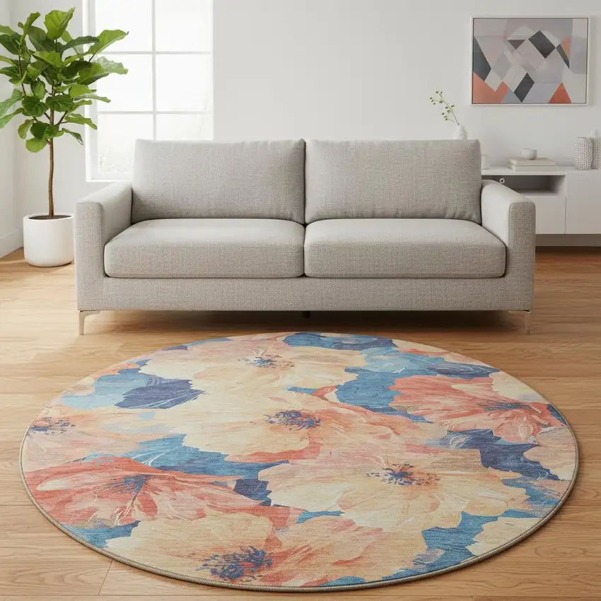 8' X 8' Peach And Blue Floral Washable Round Rug With UV Protection Photo 2