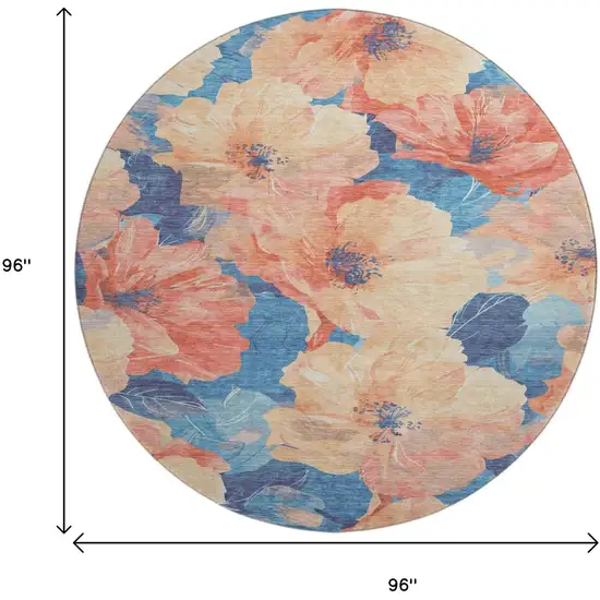 8' X 8' Peach And Blue Floral Washable Round Rug With UV Protection Photo 9