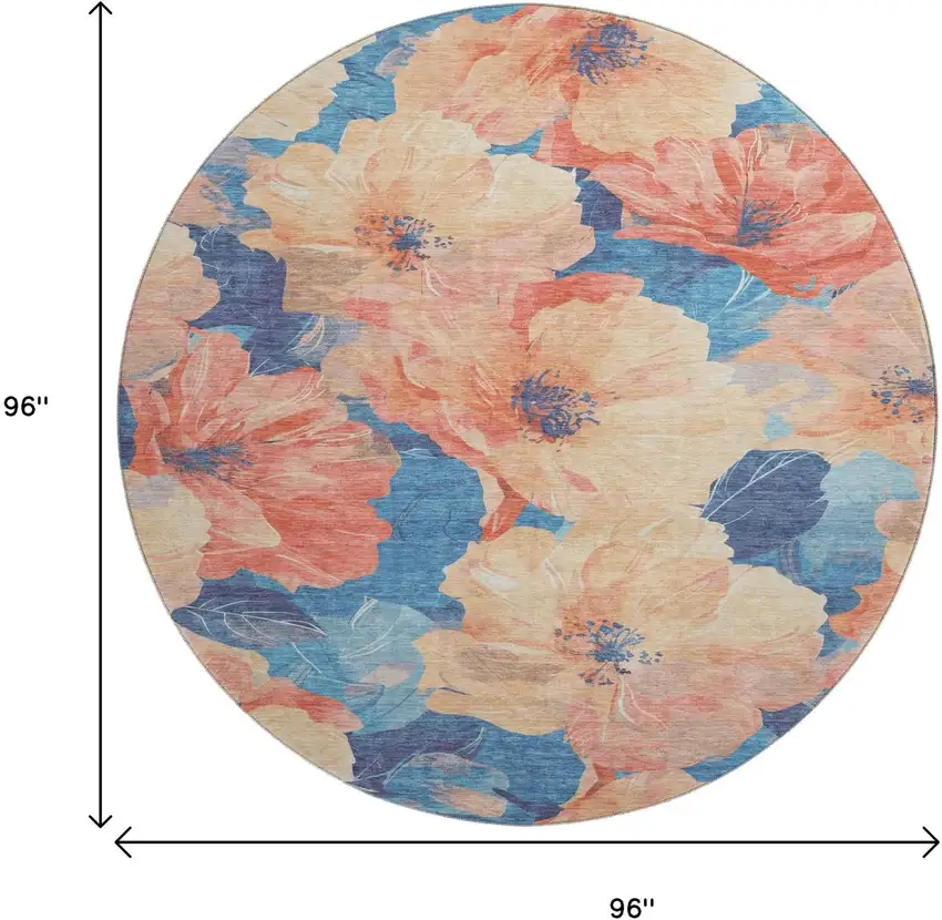 8' X 8' Peach And Blue Floral Washable Round Rug With UV Protection Photo 9