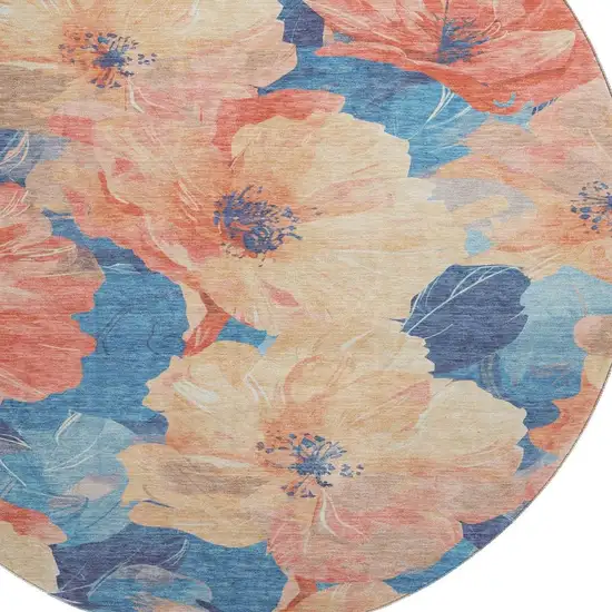 8' X 8' Peach And Blue Floral Washable Round Rug With UV Protection Photo 2