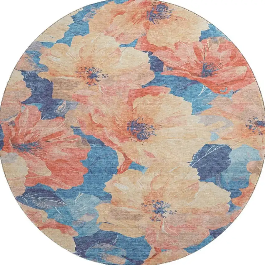 8' X 8' Peach And Blue Floral Washable Round Rug With UV Protection Photo 3