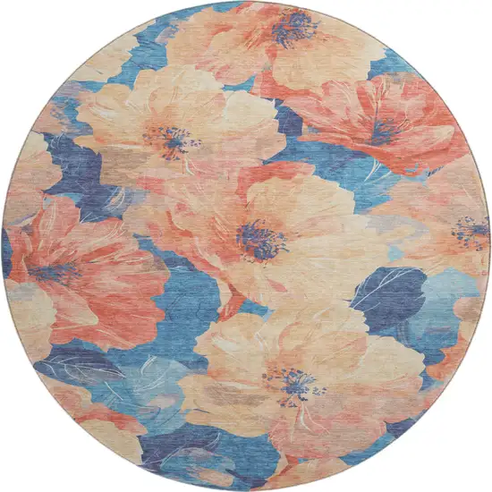 8' X 8' Peach And Blue Floral Washable Round Rug With UV Protection Photo 1