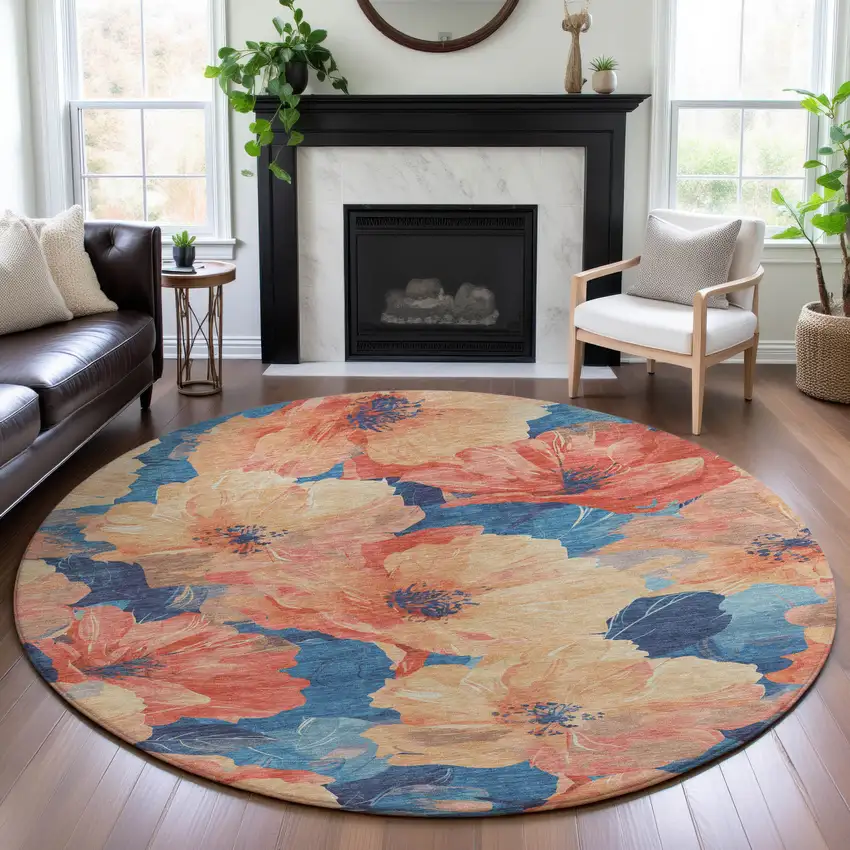 8' X 8' Peach And Blue Floral Washable Round Rug With UV Protection Photo 4