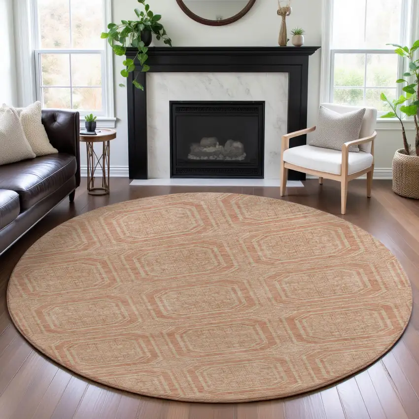 8' X 8' Peach And Ivory Geometric Washable Round Rug With UV Protection Photo 4