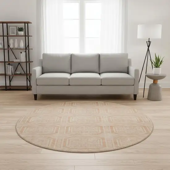 8' X 8' Peach And Ivory Geometric Washable Round Rug With UV Protection Photo 2