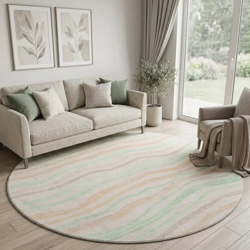 8' X 8' Peach Mint Green And Linen Striped Washable Round Rug With UV Protection Photo 1