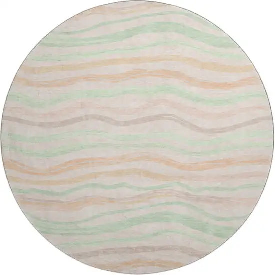 8' X 8' Peach Mint Green And Linen Striped Washable Round Rug With UV Protection Photo 1