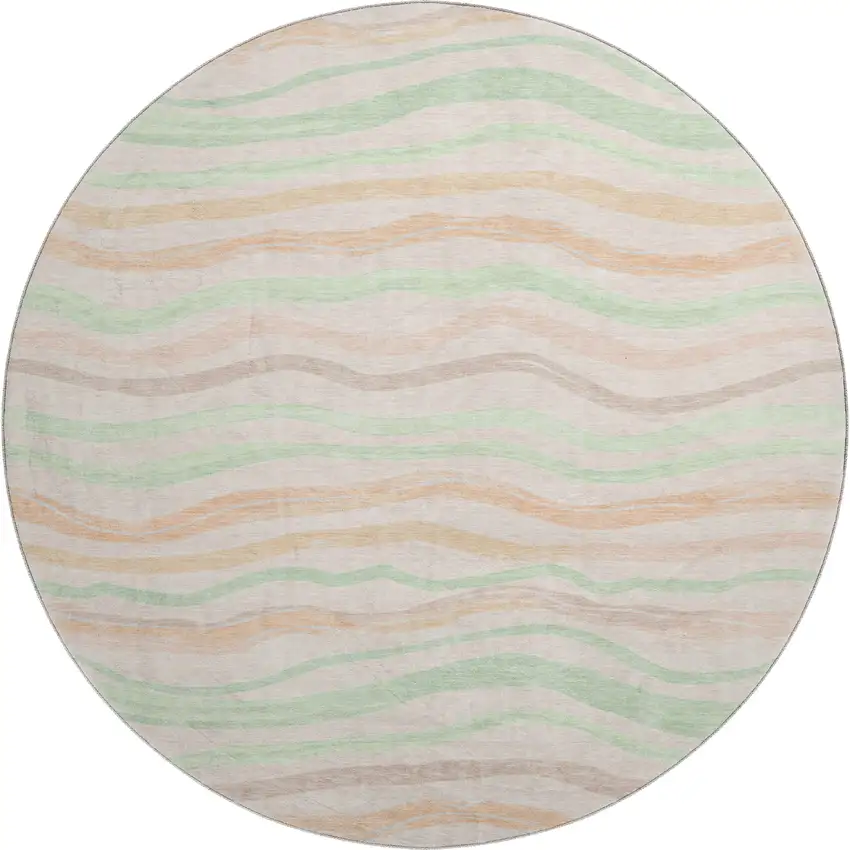 8' X 8' Peach Mint Green And Linen Striped Washable Round Rug With UV Protection Photo 1