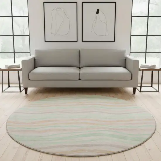 8' X 8' Peach Mint Green And Linen Striped Washable Round Rug With UV Protection Photo 2