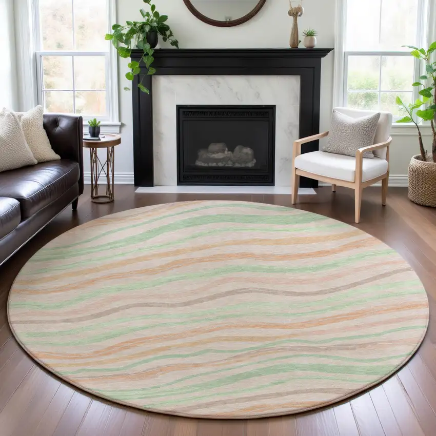 8' X 8' Peach Mint Green And Linen Striped Washable Round Rug With UV Protection Photo 3