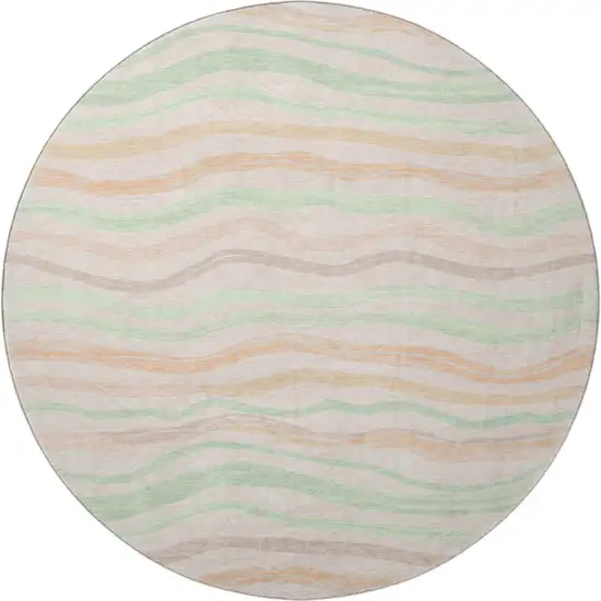 8' X 8' Peach Mint Green And Linen Striped Washable Round Rug With UV Protection Photo 2