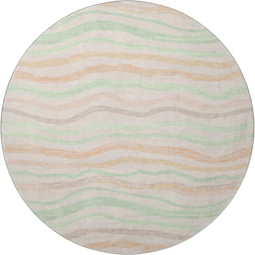 8' X 8' Peach Mint Green And Linen Striped Washable Round Rug With UV Protection Photo 2