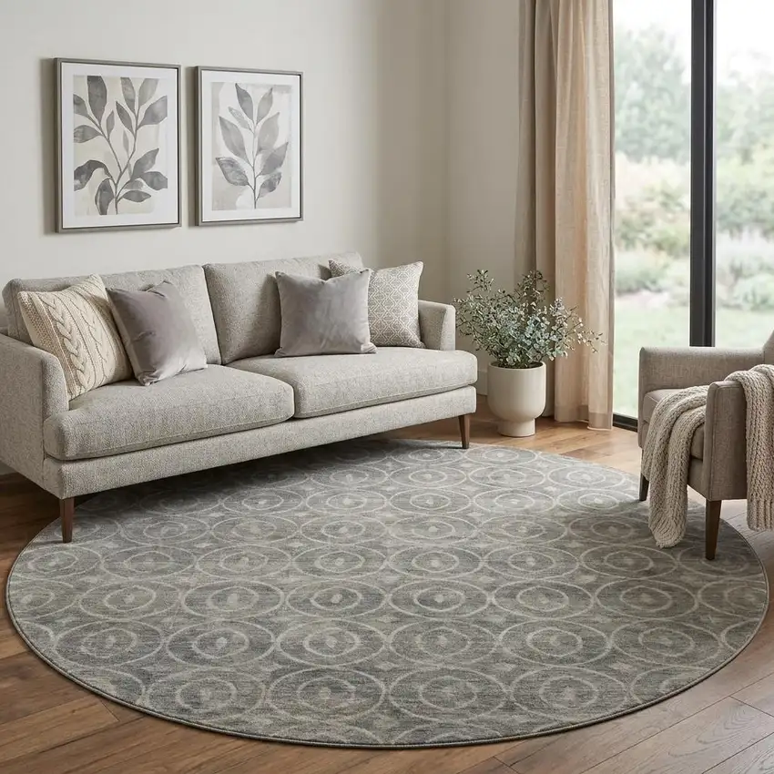 8' X 8' Pewter And Gray Geometric Washable Round Rug With UV Protection Photo 1