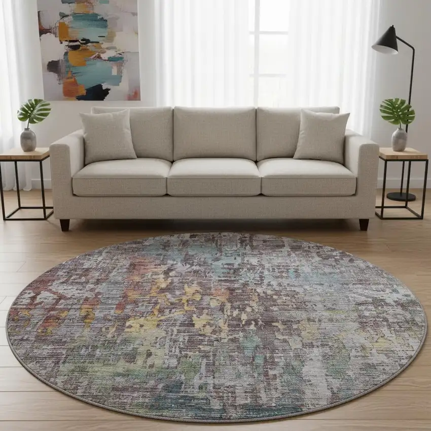 8' X 8' Pewter Gold And Eggplant Abstract Washable Round Rug With UV Protection Photo 2