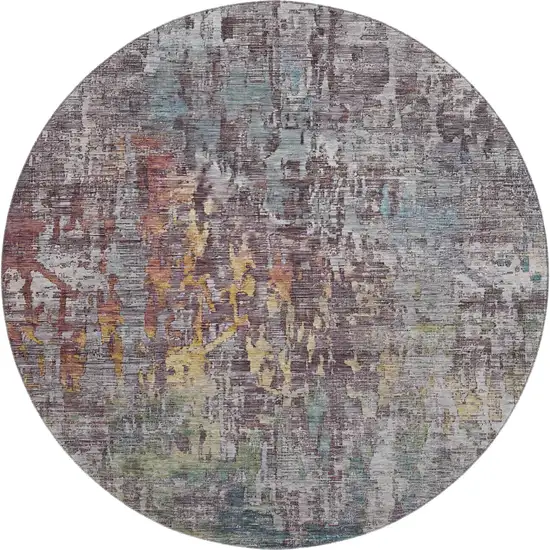 8' X 8' Pewter Gold And Eggplant Abstract Washable Round Rug With UV Protection Photo 1