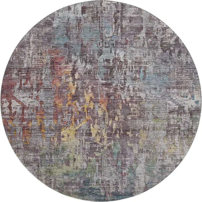 8' X 8' Pewter Gold And Eggplant Abstract Washable Round Rug With UV Protection Photo 1