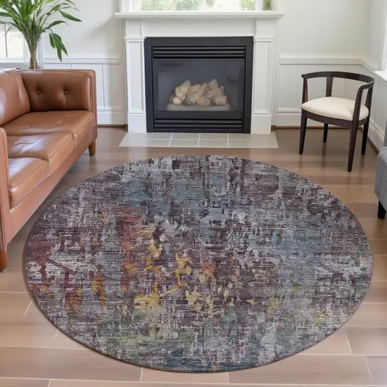 8' X 8' Pewter Gold And Eggplant Abstract Washable Round Rug With UV Protection Photo 5