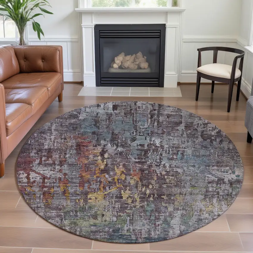 8' X 8' Pewter Gold And Eggplant Abstract Washable Round Rug With UV Protection Photo 5