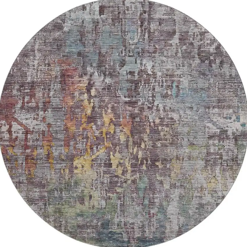 8' X 8' Pewter Gold And Eggplant Abstract Washable Round Rug With UV Protection Photo 3