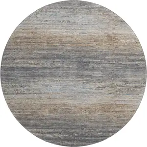 Photo of 8' X 8' Pewter Gray And Beige Striped Washable Round Rug With UV Protection