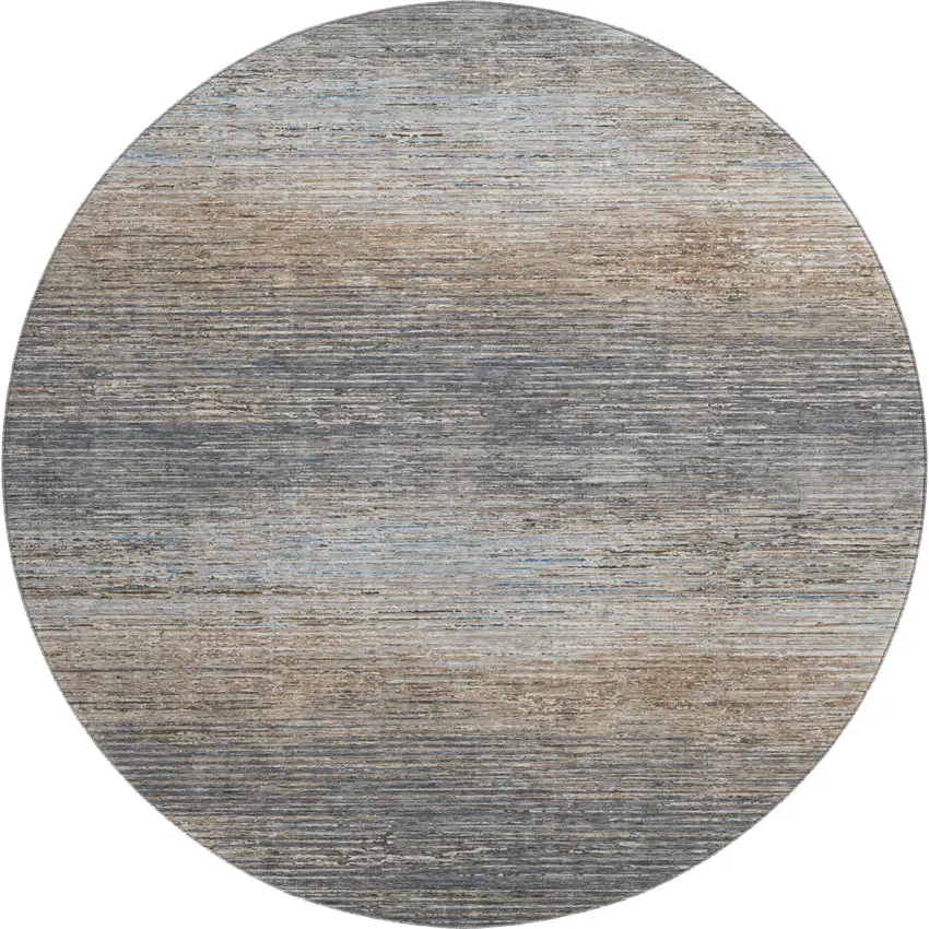 8' X 8' Pewter Gray And Beige Striped Washable Round Rug With UV Protection Photo 1