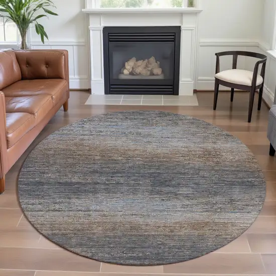 8' X 8' Pewter Gray And Beige Striped Washable Round Rug With UV Protection Photo 3